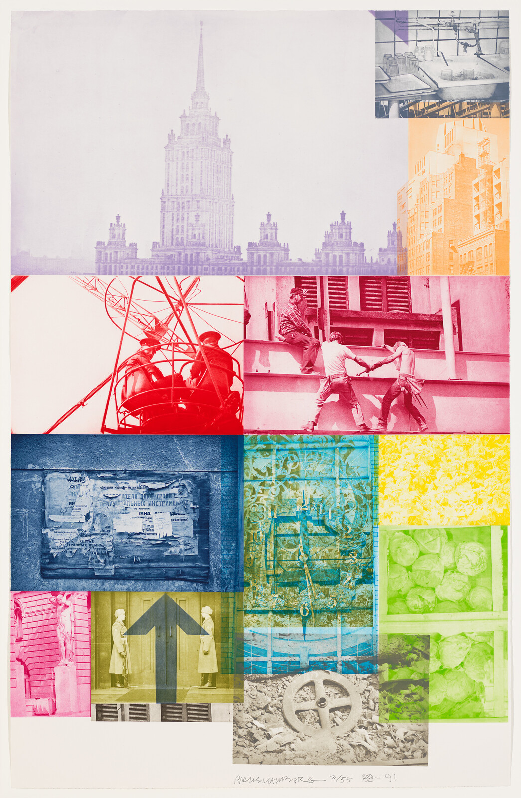 A colorful collage featuring a variety of images arranged in a grid pattern. The top section displays a faded image of a tall, spire-topped building in purple hues. Adjacent to it are smaller images depicting industrial scenes. Below, a vibrant red Ferris wheel contrasts with a pink-toned image of people climbing stairs. The middle row shows a blue-toned urban decay scene, a cyan ornate gate, and a yellow floral pattern. The bottom row includes a pink architectural detail, a central image with a large arrow and figures in yellow, and a green-tinted image of cabbages. The final image in the bottom right corner shows a wheel amidst rubble in green. The artwork is signed and numbered at the bottom.