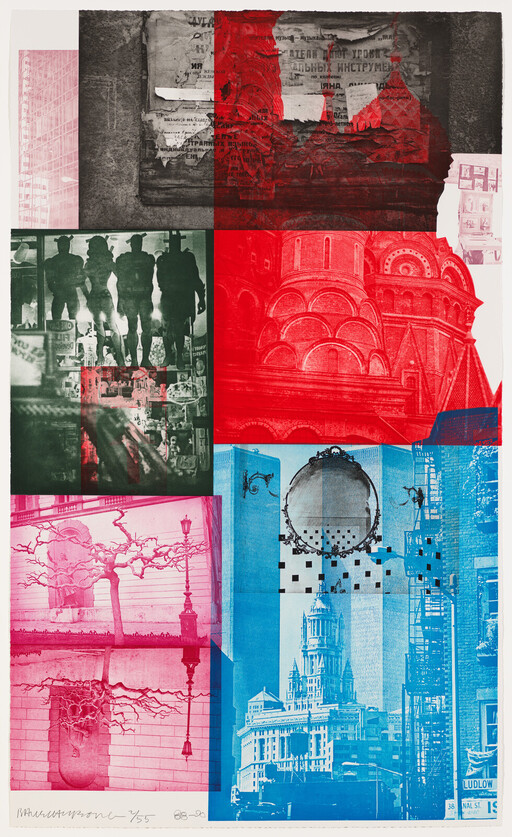 Colorful collage of architectural and urban scenes with silhouetted figures and ornamental mirror.