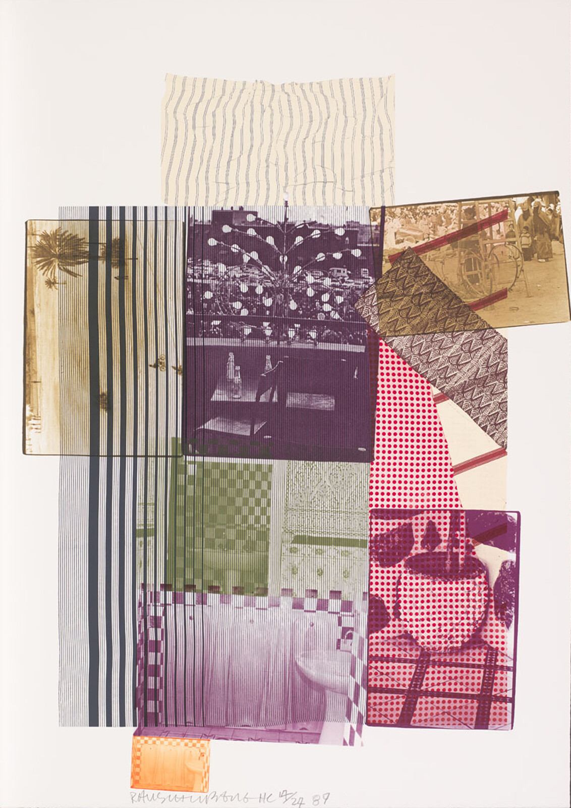Abstract collage with overlapping patterns, stripes, and vintage photos in various colors and textures.