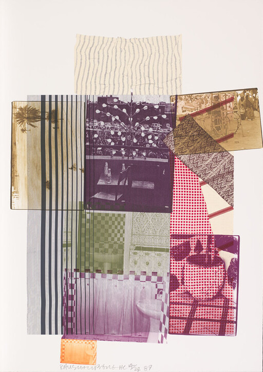 Layered collage of colorful patterned rectangles and vintage photos forming an abstract vertical composition.