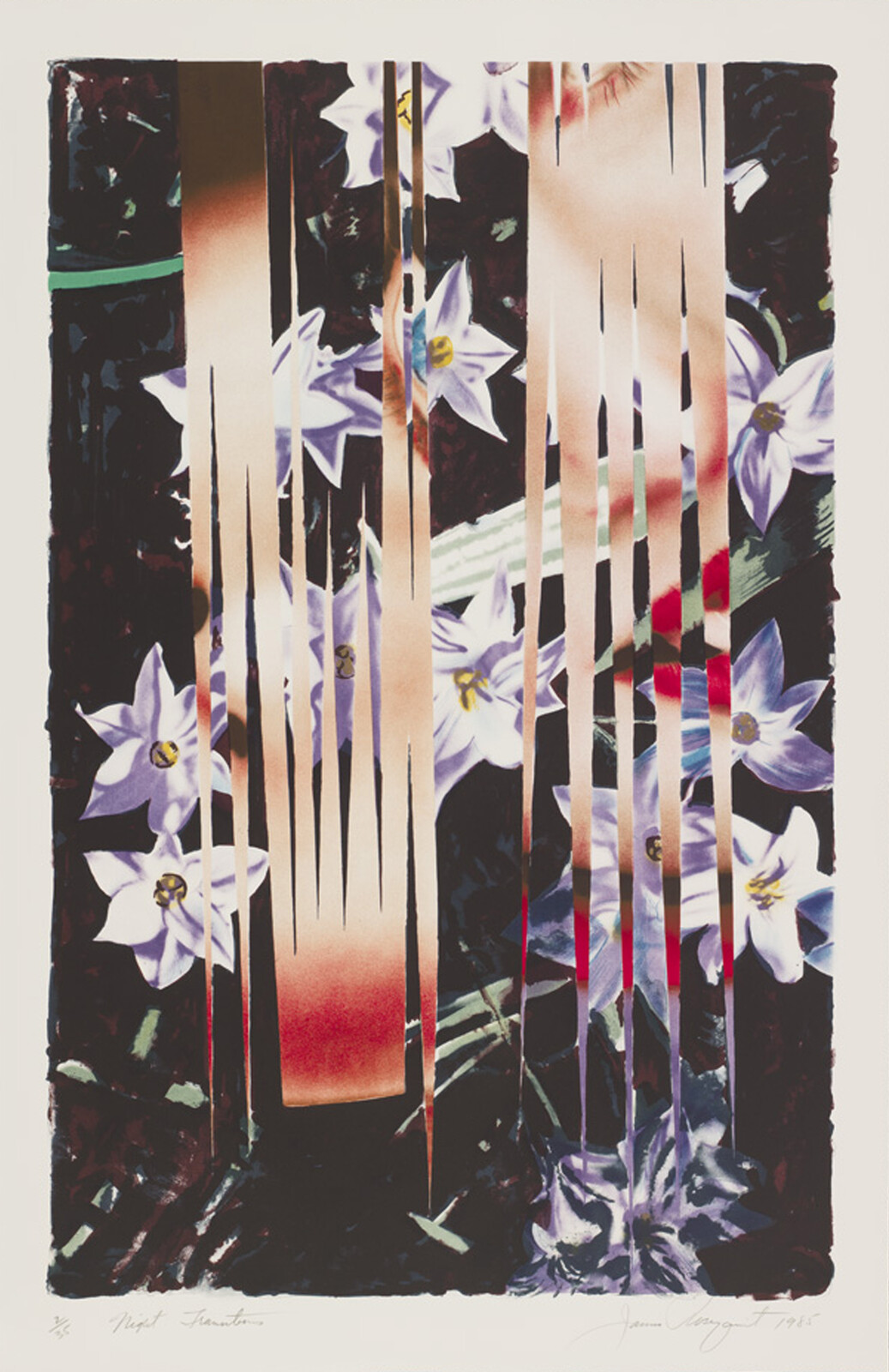 Vertical sliced strips reveal a blurred face behind purple star-shaped flowers.