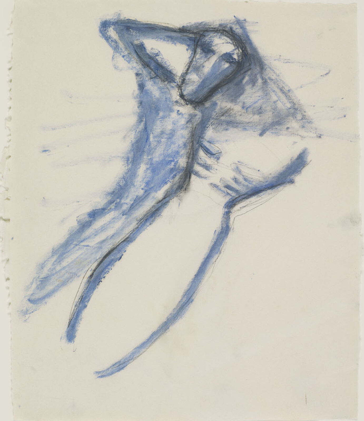 Reclining nude figure sketched in blue pastel with arms raised behind the head.