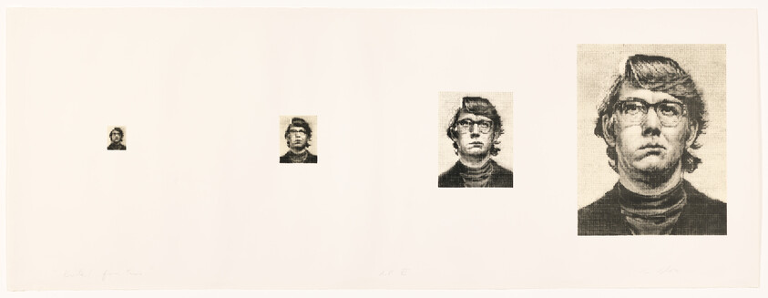 A series of four images on a long horizontal print, showing the same male figure in progressively larger and more detailed halftone portraits, from left to right. The smallest image is barely recognizable, while the largest is a clear, detailed portrait. The print has handwritten text at the bottom left and signatures at the bottom right.