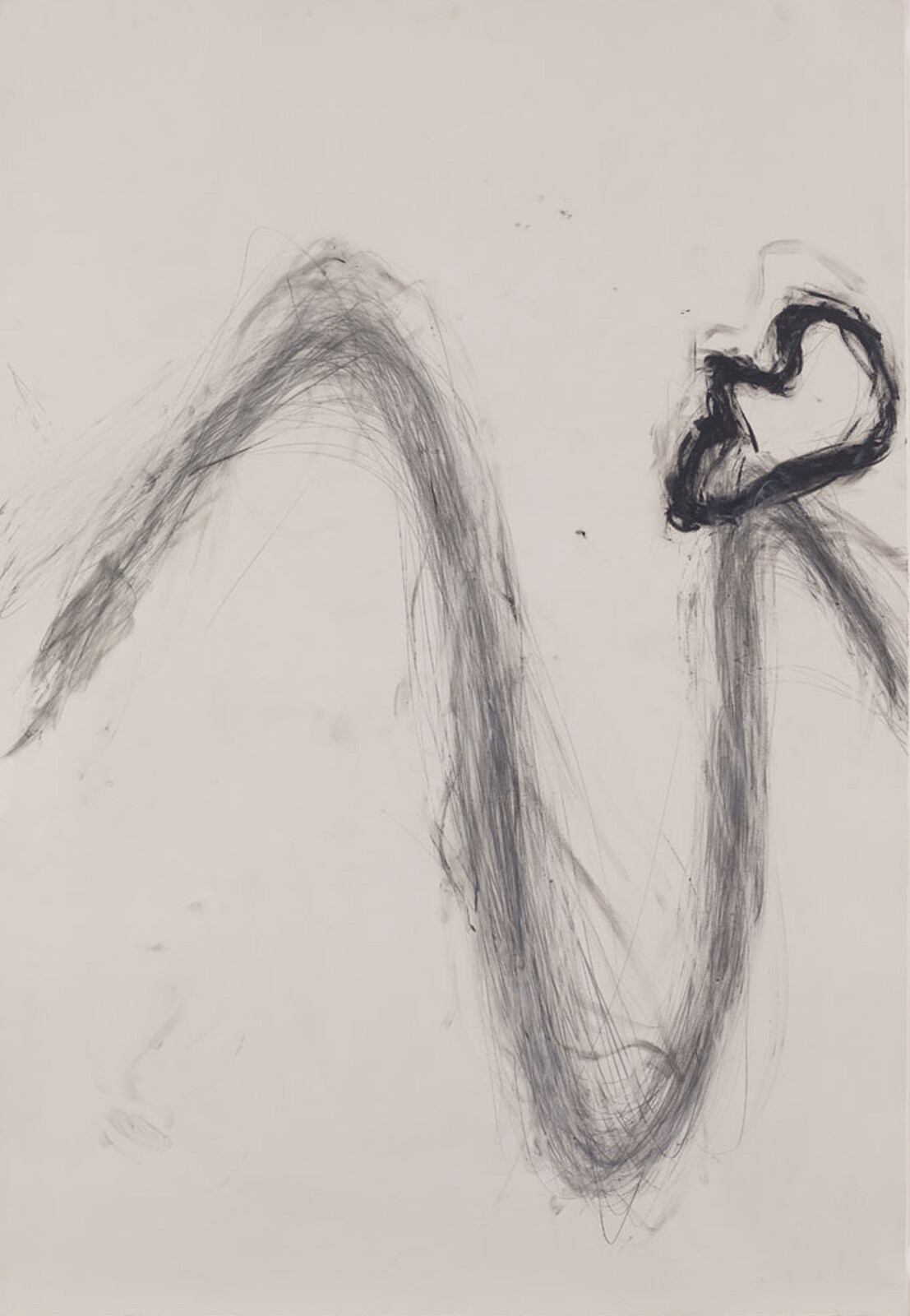 Large sweeping charcoal lines form a loose loop with a dark, heart-shaped smudge at the top right.