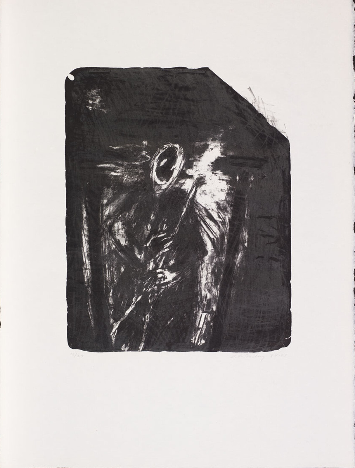 A dark abstract figure with a circular head shape stands within a rough black rectangle.