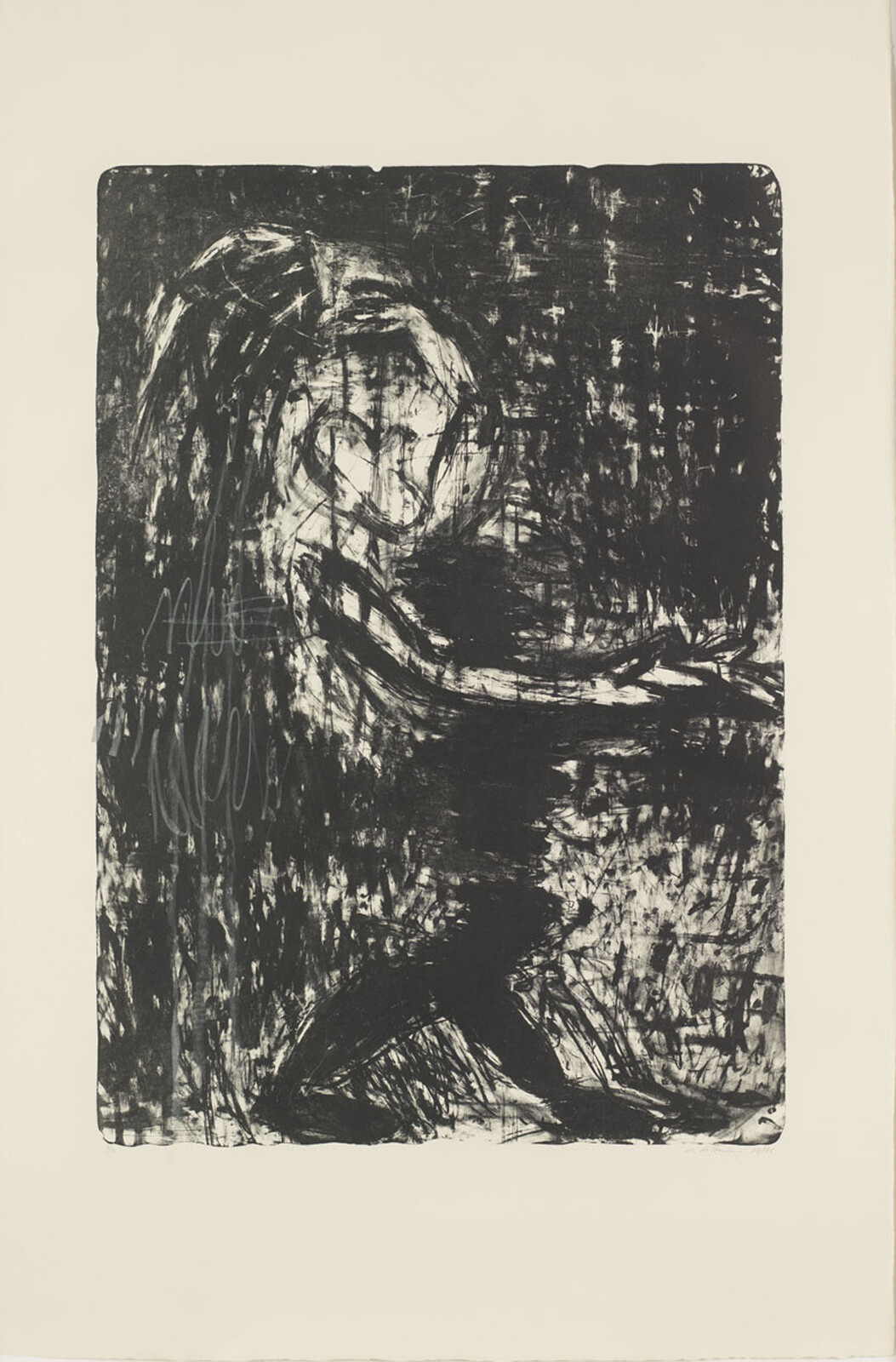 A dark abstract figure kneels and reaches forward amid chaotic black brushstrokes.