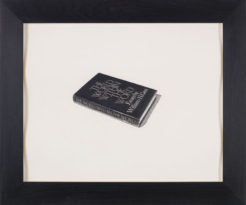 A framed drawing of a book titled "The World Within the Word" by William H. Gass.