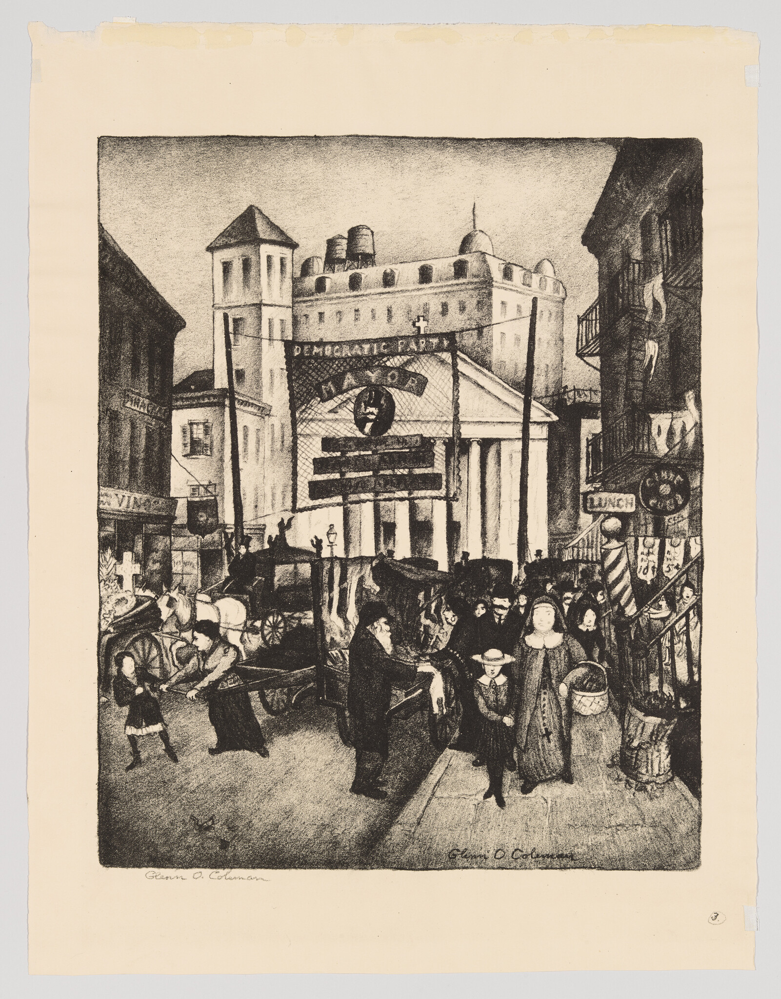 Crowded street scene with horse-drawn wagons and people passing under a Democratic Party banner.