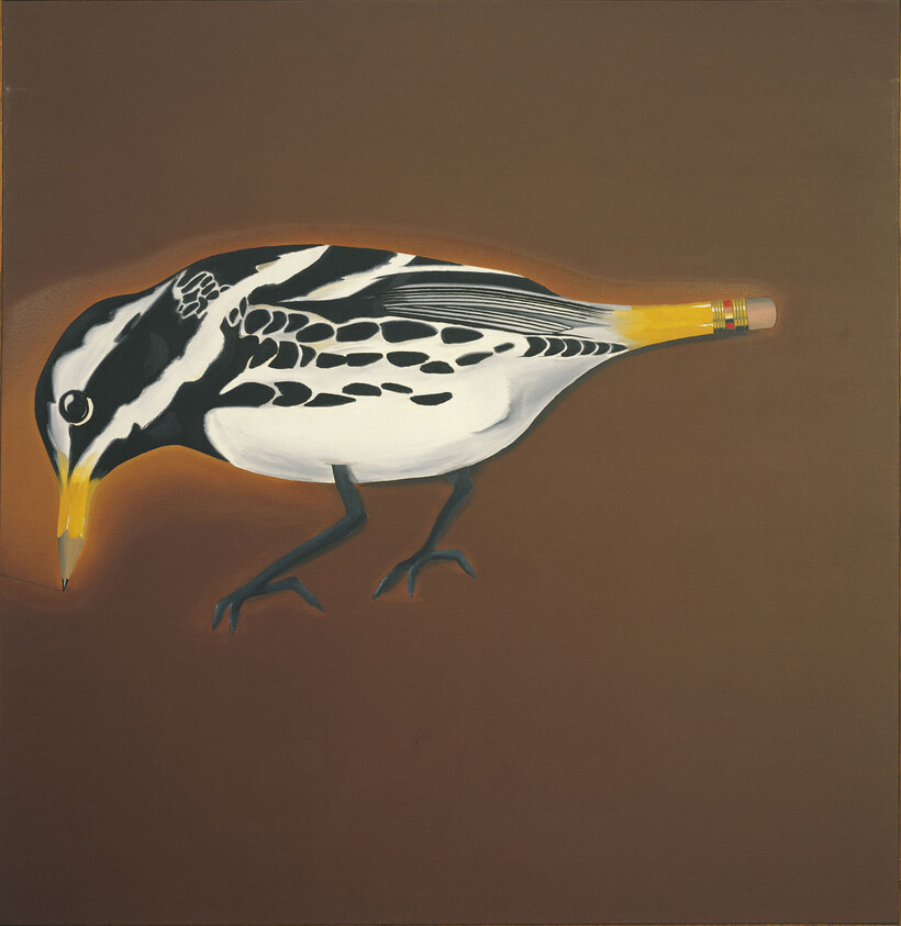 Black-and-white bird with a pencil for a tail and a pencil-tip beak pecking at the surface.