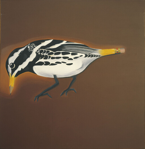 Black-and-white bird with a pencil for a tail and a pencil-tip beak pecking at the surface.