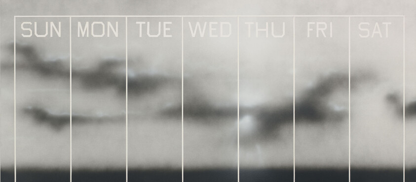 Weekly planner grid showing days Sunday through Saturday over a cloudy sky background.