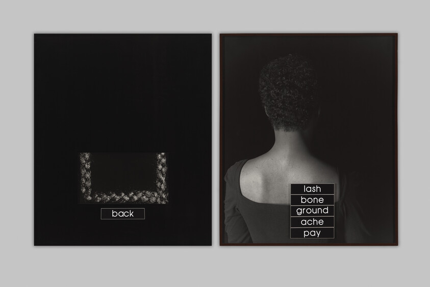 Two framed dark panels: left shows braided rectangle labeled 'back', right shows a woman's bare upper back with stacked words.