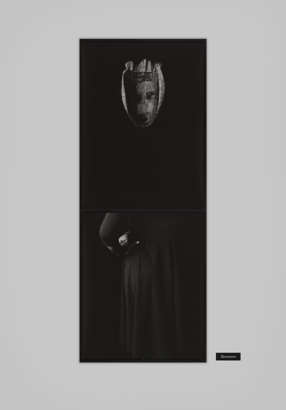 Dark diptych showing a carved wooden mask above a cloaked figure holding their pregnant belly.