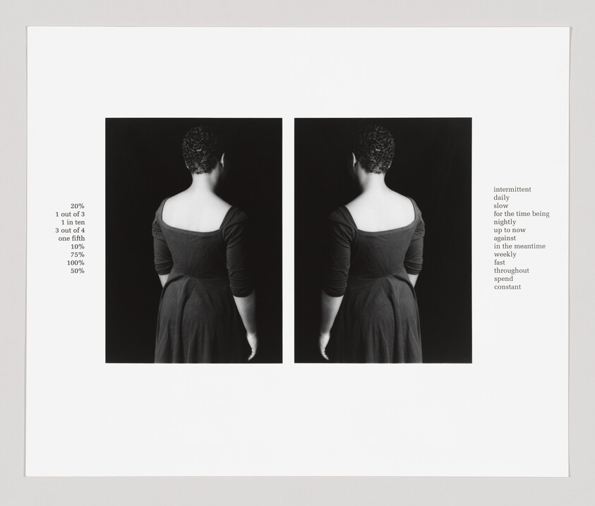 Two black-and-white portraits show a woman standing with her back turned and text columns beside.