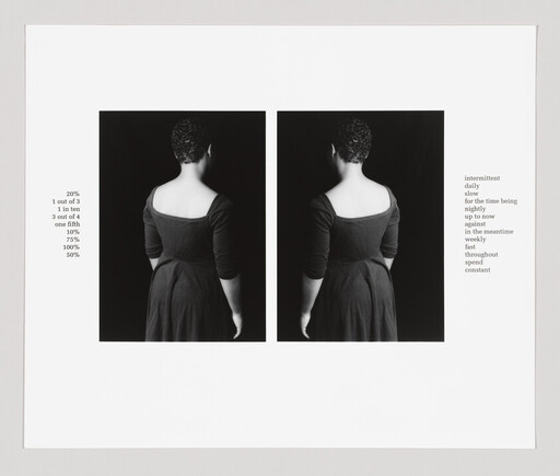 Two black-and-white portraits show a woman standing with her back turned and text columns beside.