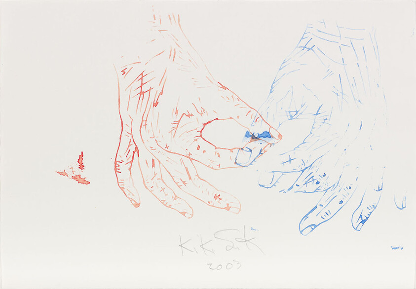 Two hands in red and blue outline gently touch while passing a small blue object.