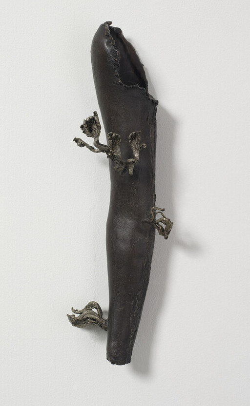 Dark elongated sculpture with small metallic branch-like protrusions mounted vertically on a white wall.