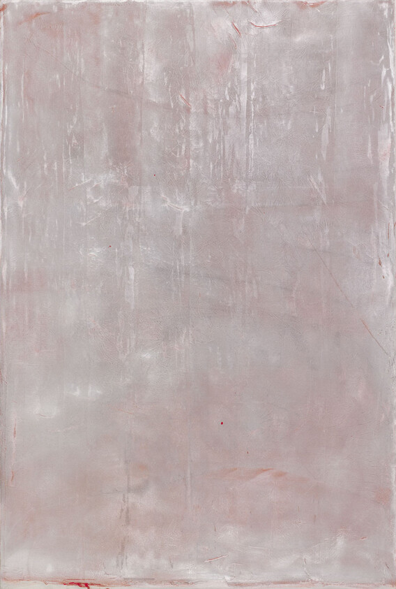 Pale pink textured canvas with faint vertical streaks and subtle red smudges.