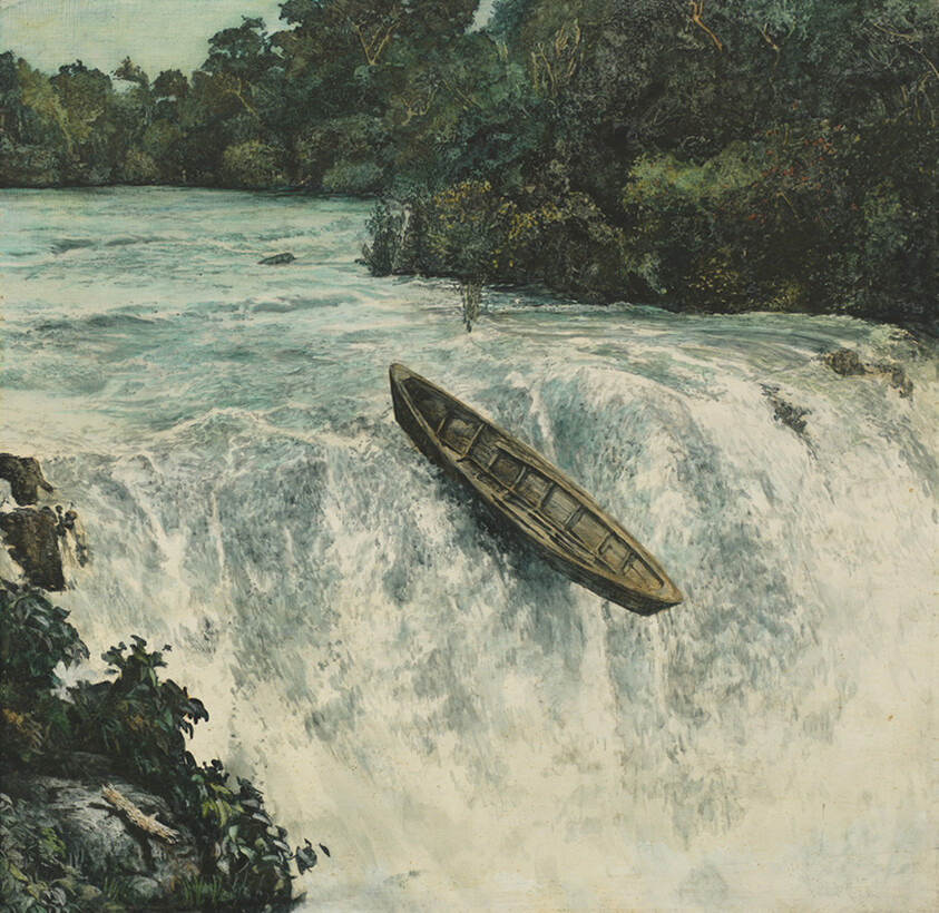 A wooden canoe teeters over the edge of a rushing waterfall with trees in the background.