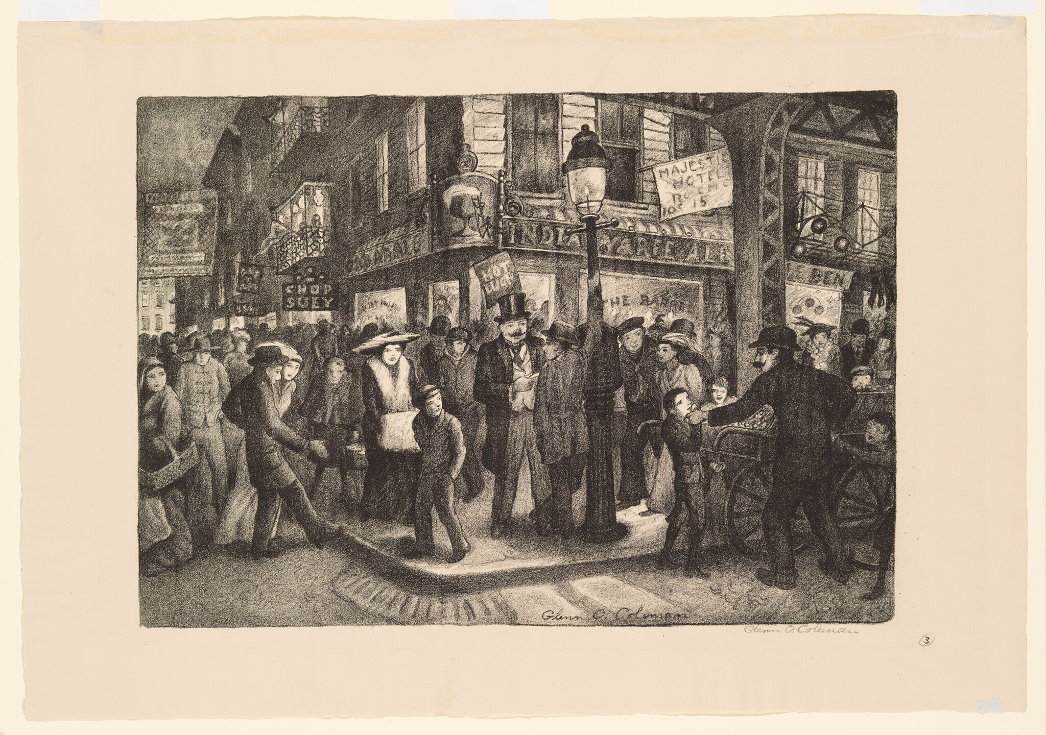 Crowded city street corner with people gathered around a lamppost and a vendor handing food to a child.