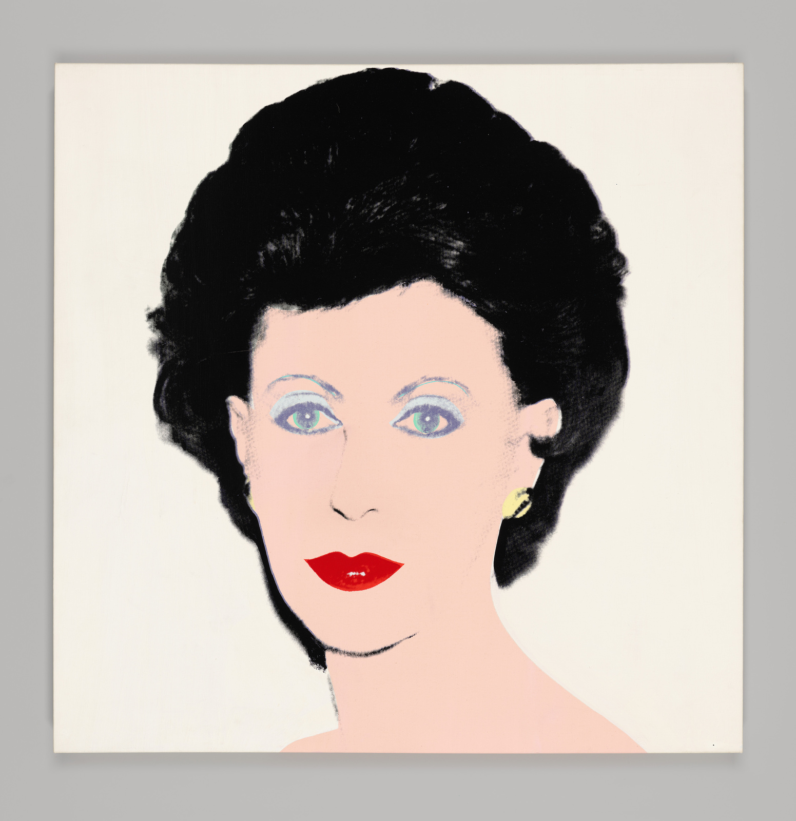 Pop art portrait of a woman with dark hair, red lips, and blue eyeshadow, set against a plain background.