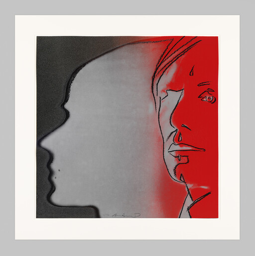 Two overlapping faces, left side black-gray profile silhouette and right side red outlined face.