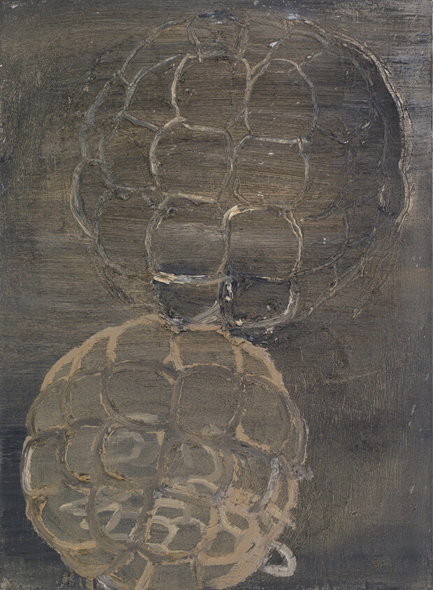 Two textured circular grid forms overlap on a dark, rough brown painted surface.