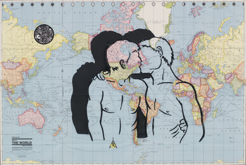 Two shirtless men kiss passionately over a vintage world map background.