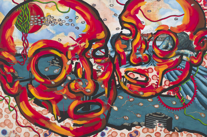 Two vibrant red-orange abstract faces float over a blue seascape with small sperm-like shapes.
