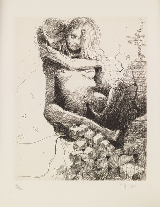 Two entwined nude figures sitting among scattered cubes, one looking directly forward.