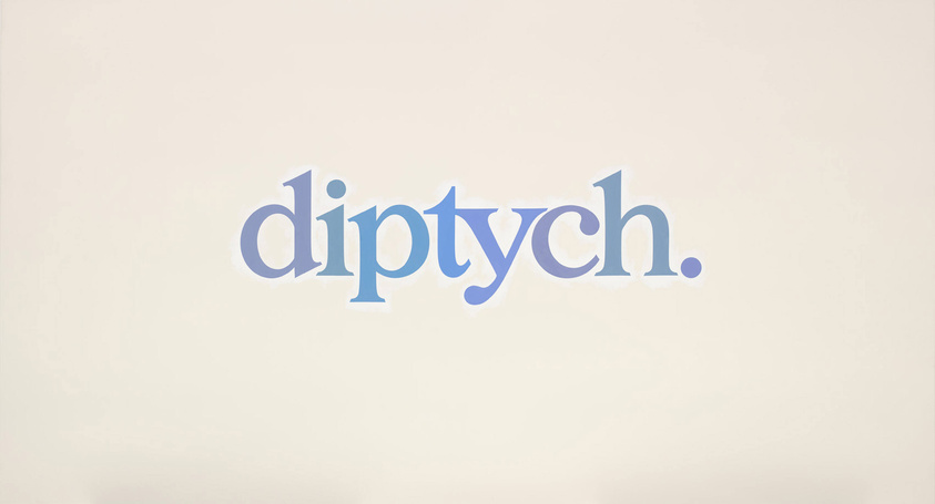 The word "diptych" is written in varying blue hues aganist a cream background
