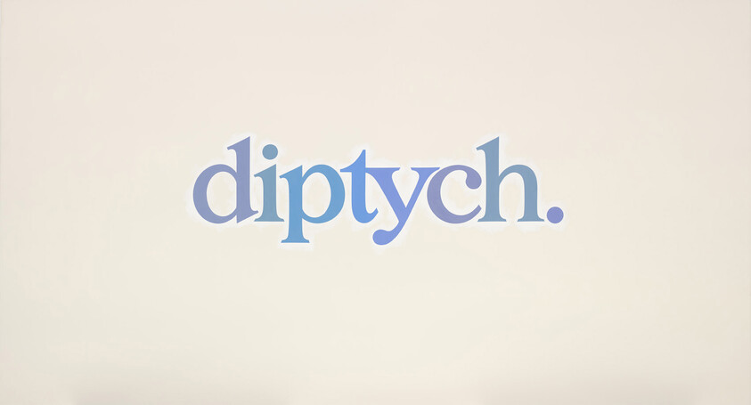 The word "diptych" is written in varying blue hues aganist a cream background