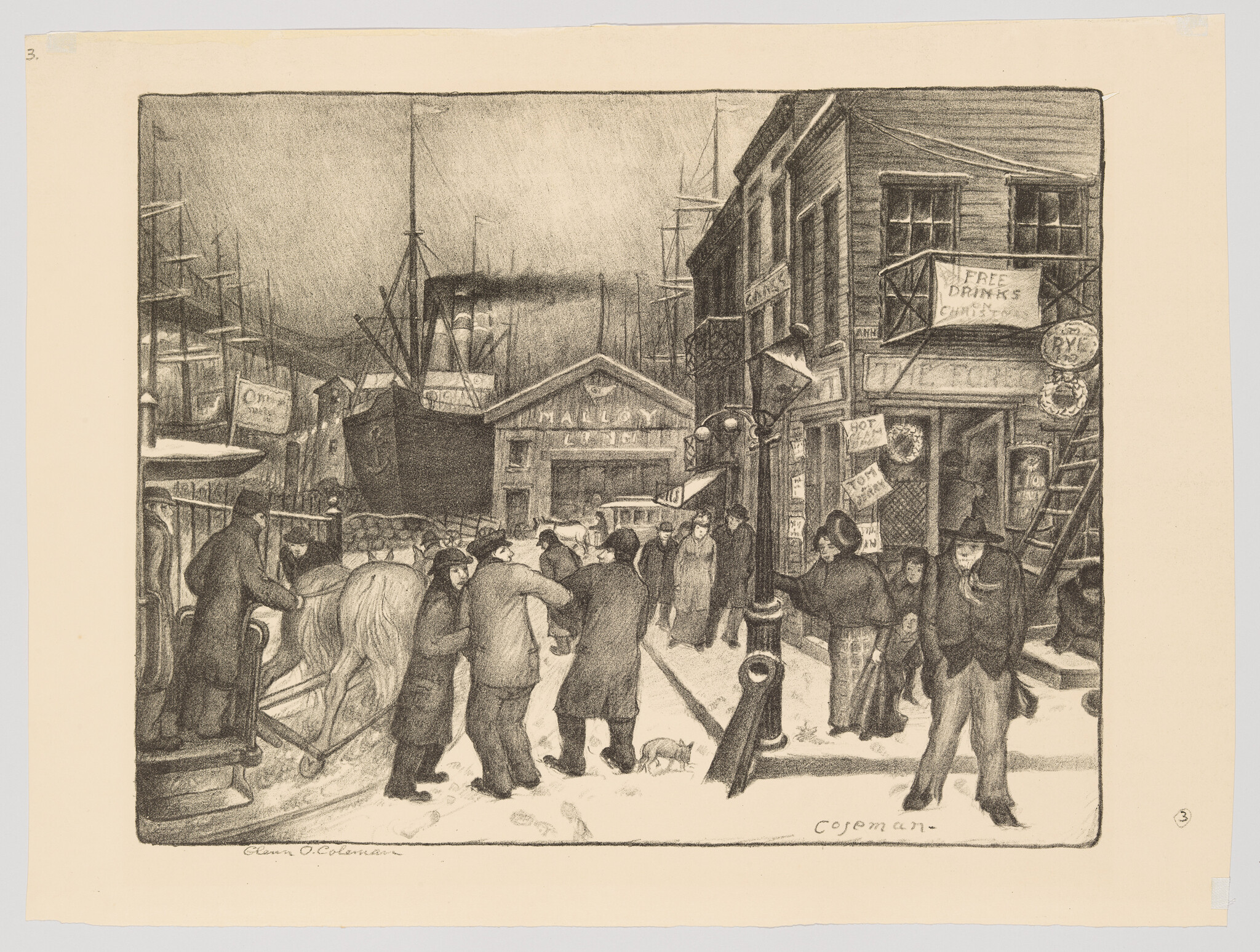 Workers and townspeople gather and move along a snowy dock street beside moored ships.