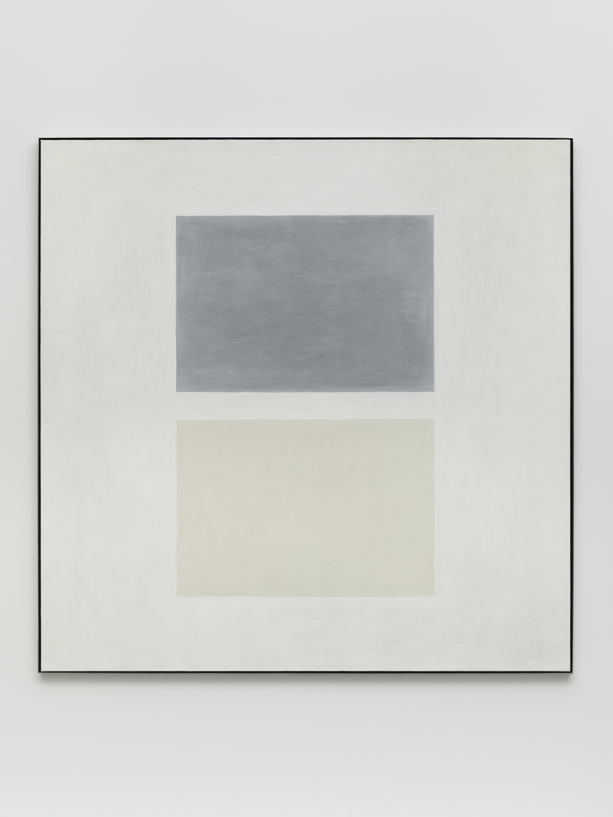 A minimalist painting with two large rectangles, one gray and one off-white, stacked vertically on a light background.