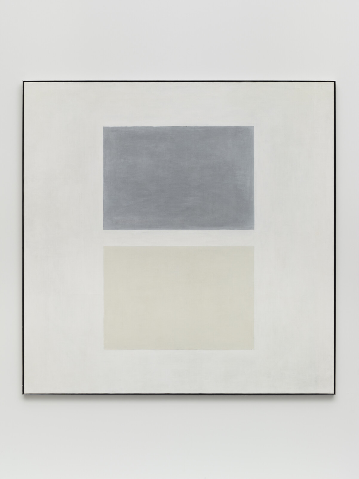 A minimalist painting with two centered rectangles—blue-gray above pale beige—on a white background.