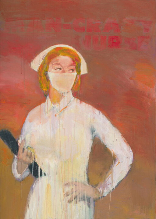 A masked nurse in a white uniform stands with one hand on her hip holding a clipboard.