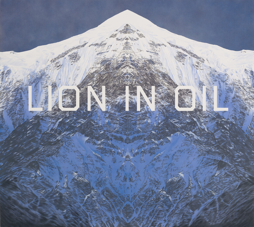 A snow-covered mountain with mirrored patterns and the words "LION IN OIL" across the center.