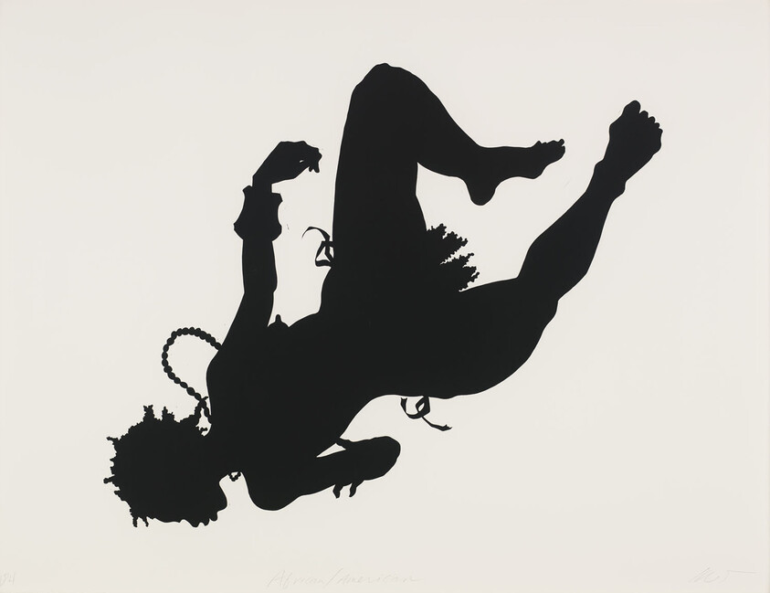 A black silhouette of a person falling upside down with beads and loose clothing.