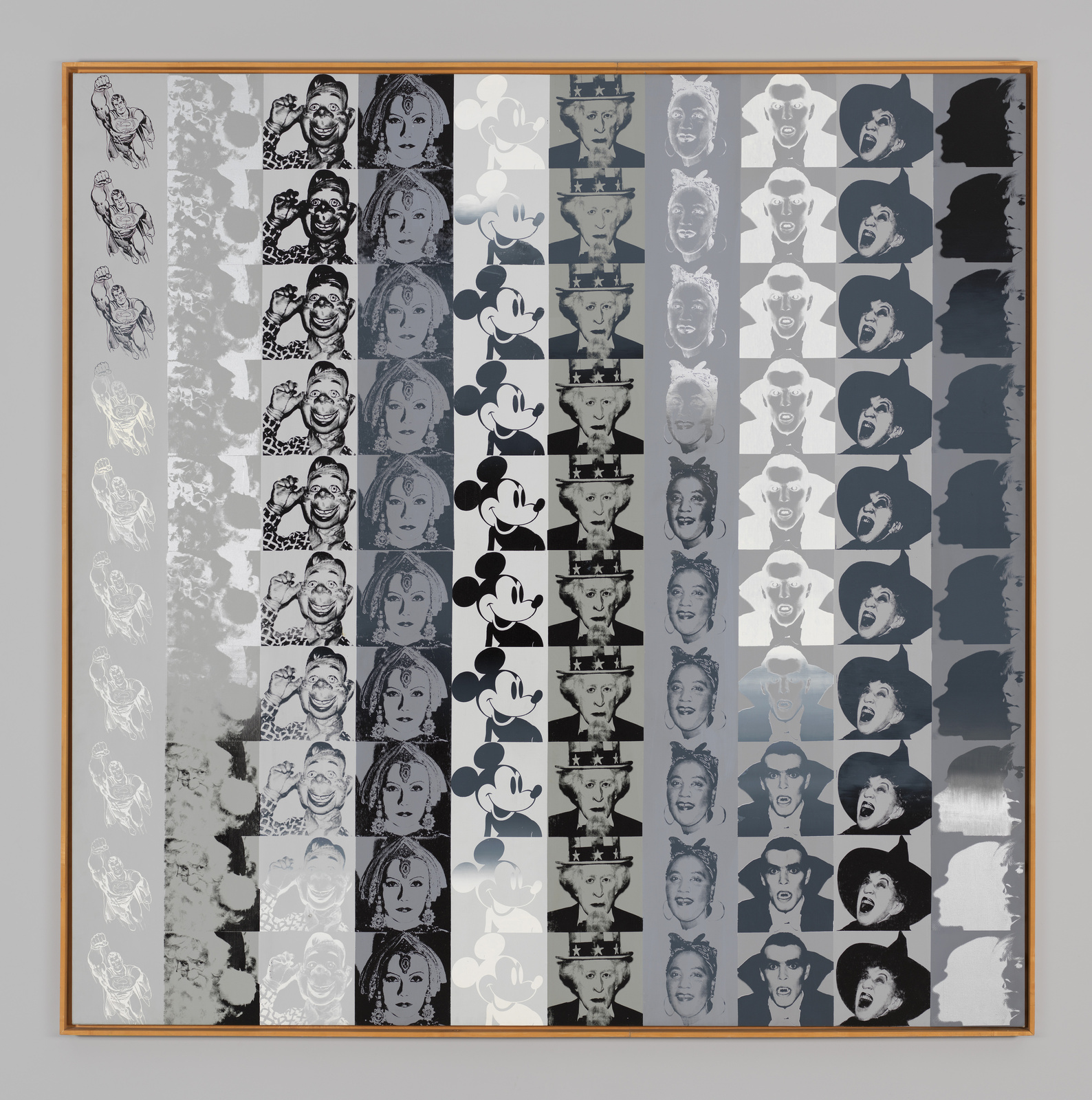 A grid of repeated black and white pop art images featuring various faces and Mickey Mouse, arranged in vertical strips.