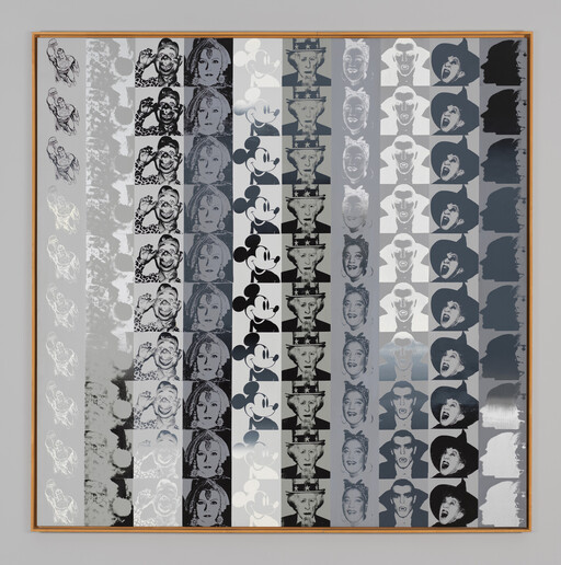 Framed grayscale pop-art grid showing repeated Mickey Mouse and other stylized faces in columns.