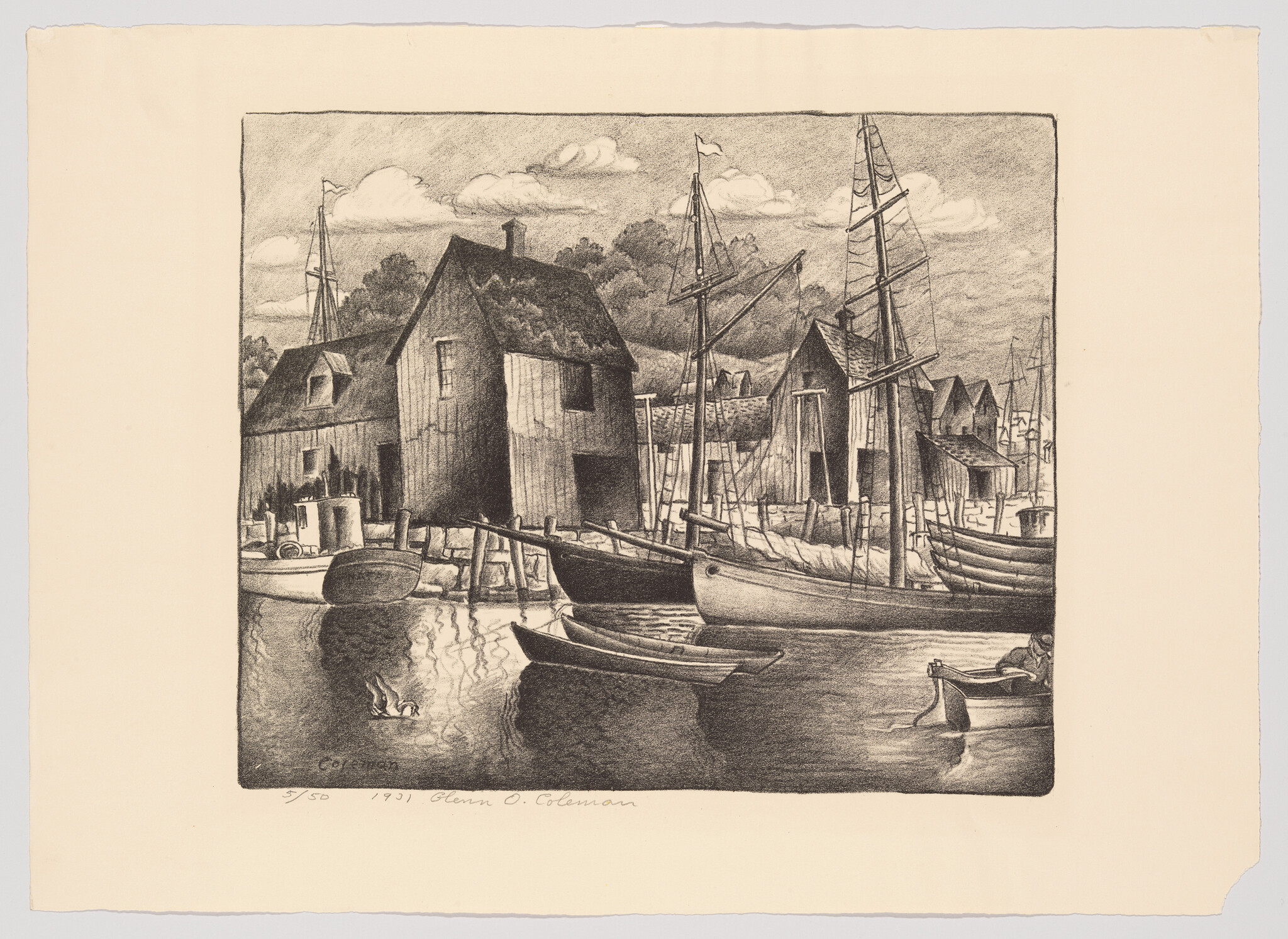 A detailed etching of a harbor scene with wooden houses and sailboats moored along the docks. The image has a vintage feel, with reflections of the boats and buildings visible in the calm water. Clouds adorn the sky above, and there's a signature at the bottom that reads "Glenn O. Coleman" with the date 1931.