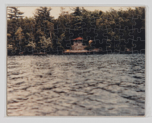 A completed jigsaw puzzle showing rippling lake water with trees and a small red-roof cabin.