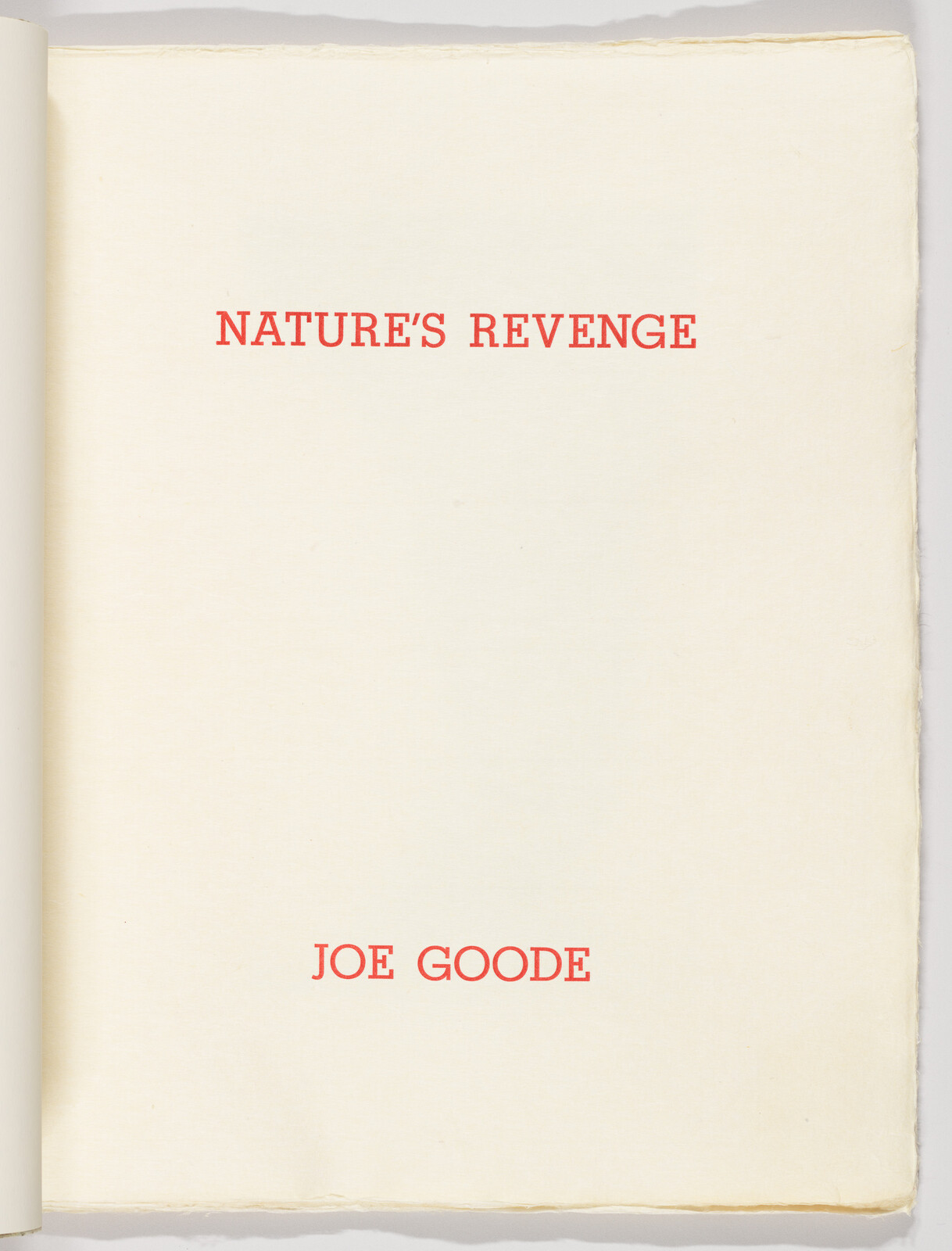 A page from a book or catalog with the title "NATURE'S REVENGE" in red uppercase letters at the top and the name "JOE GOODE" in red lowercase letters at the bottom, centered on an off-white background.