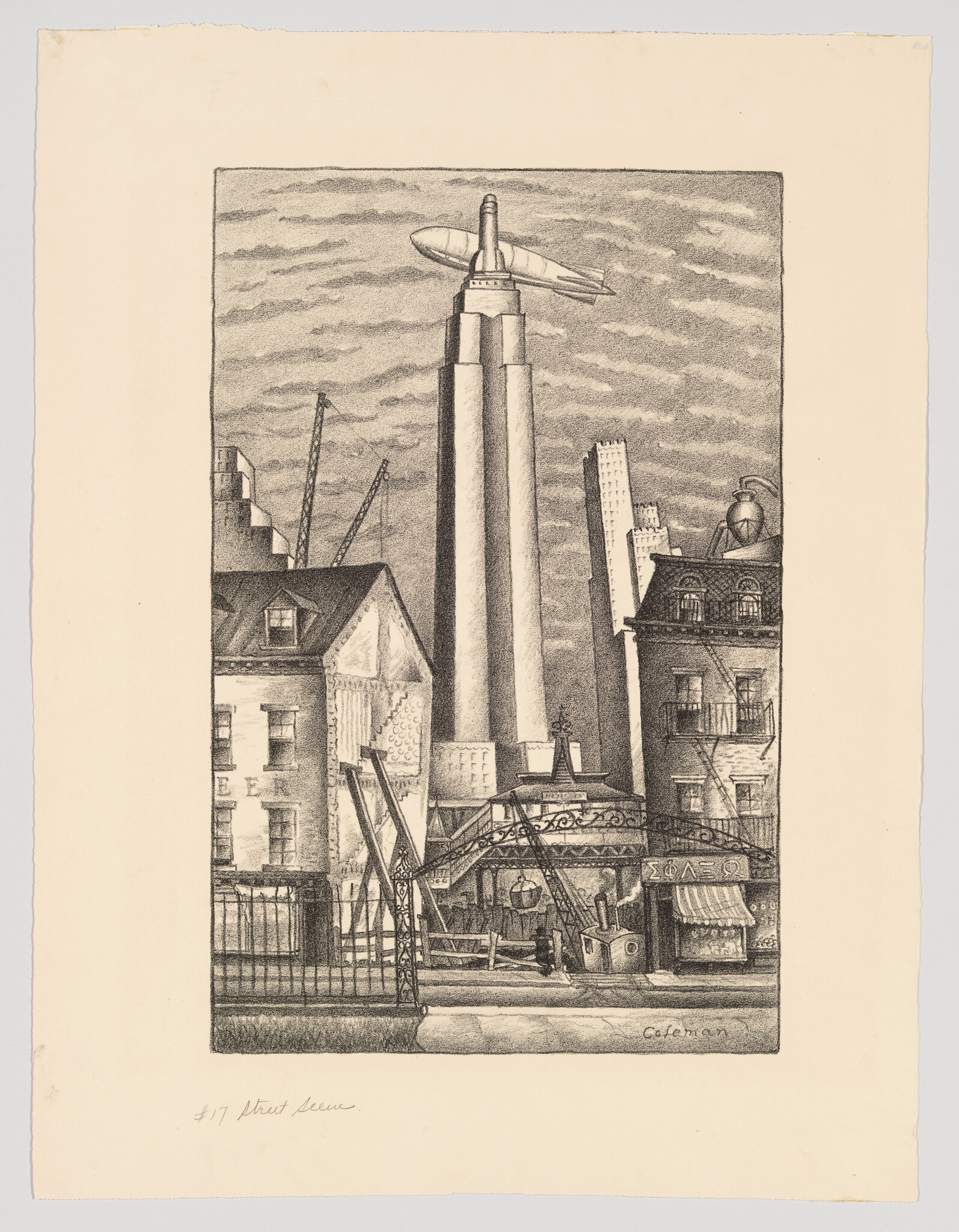 A detailed etching depicting a fantastical urban scene with a large, cylindrical tower dominating the center, topped by a dirigible-like airship. The surrounding architecture includes a mix of residential buildings, a café with an awning, and construction cranes, suggesting a blend of daily life and industrial progress. The sky is filled with clouds, and the artwork is signed "Coleman" at the bottom right.