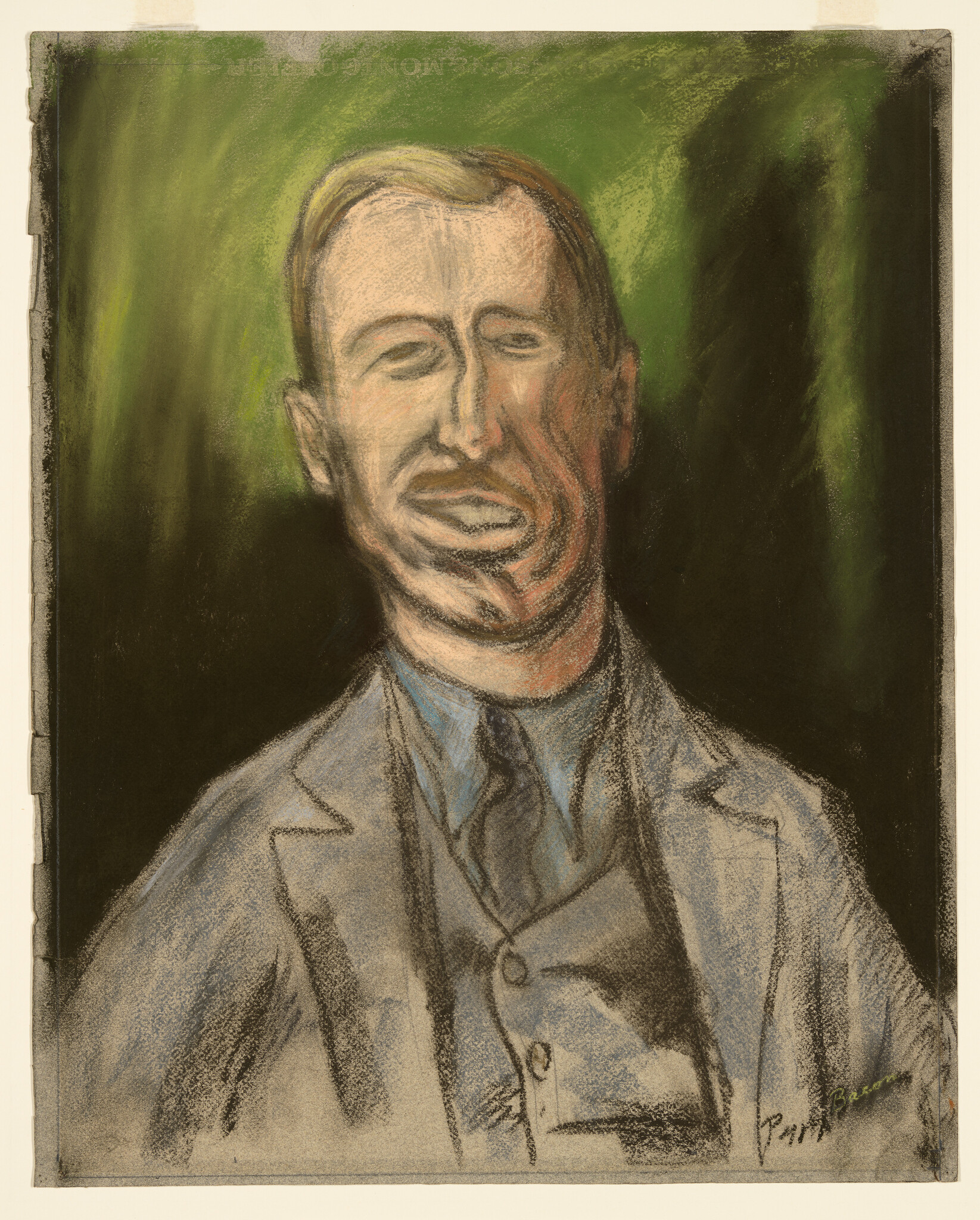 A pastel portrait of a man in a suit and tie against a green, shadowed background.