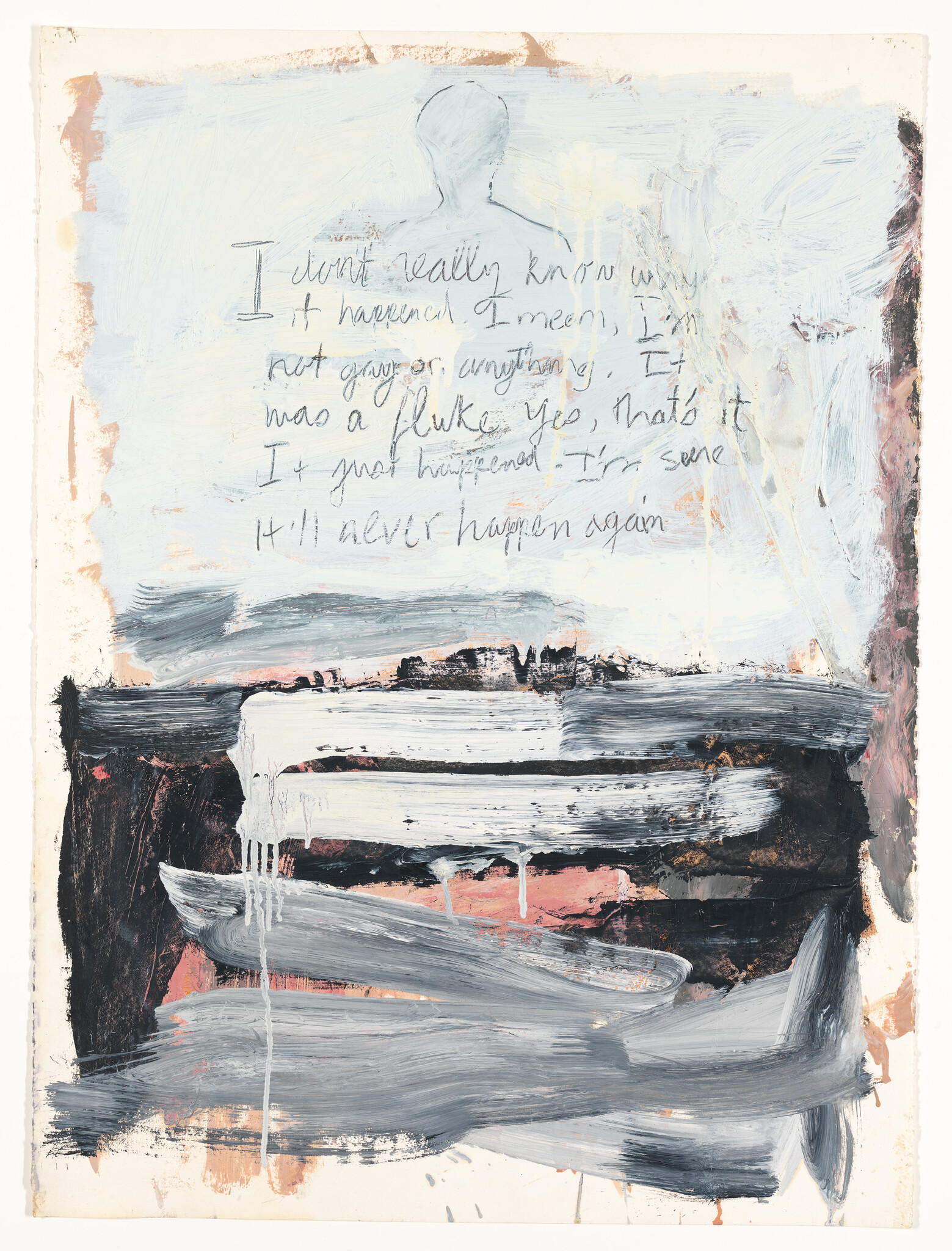 Abstract painting with a ghostly head silhouette, handwritten text above wide gray and black brushstrokes.