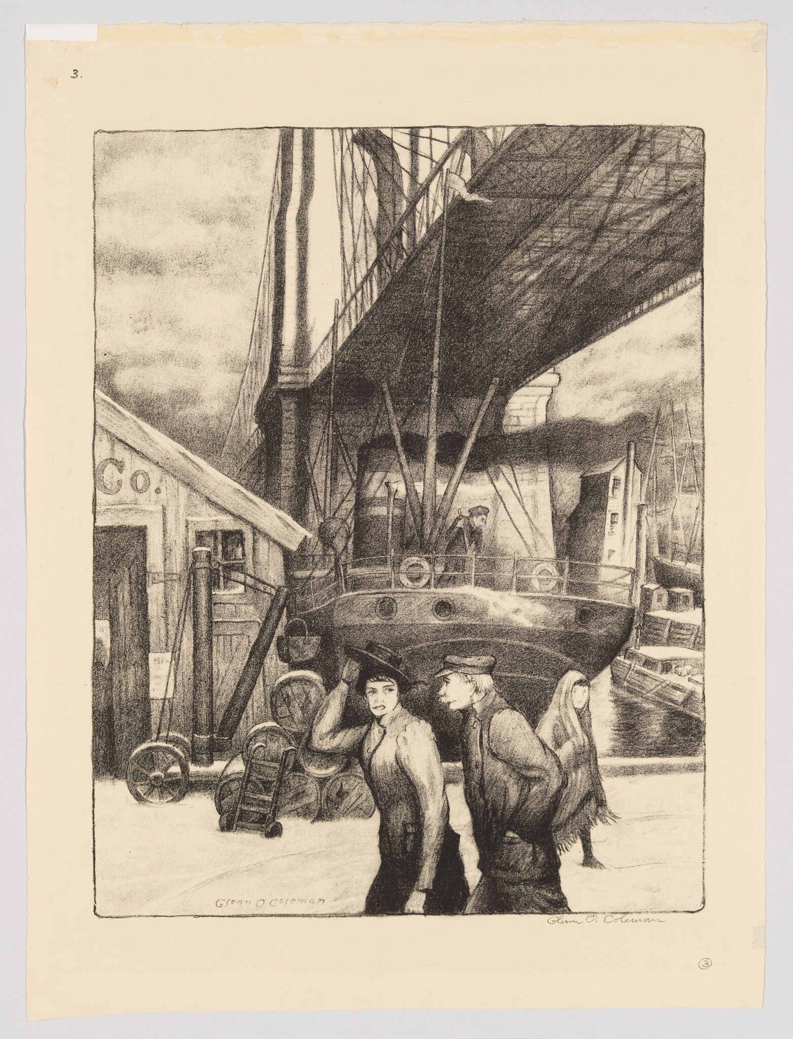 Two dockworkers walk past a moored ship under a large suspension bridge near warehouses.