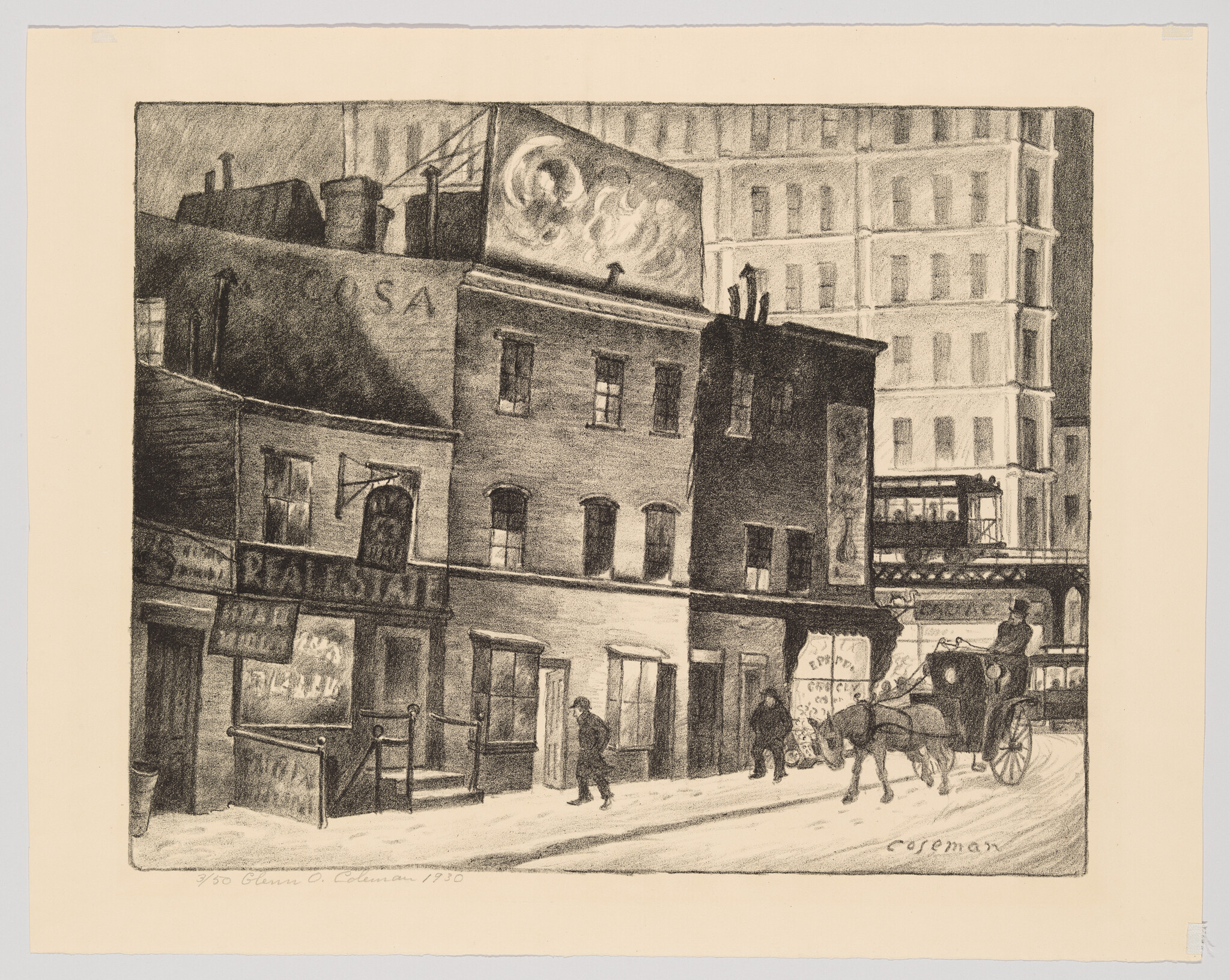 A snowy city street with old brick buildings, pedestrians, a horse-drawn carriage, and elevated train.