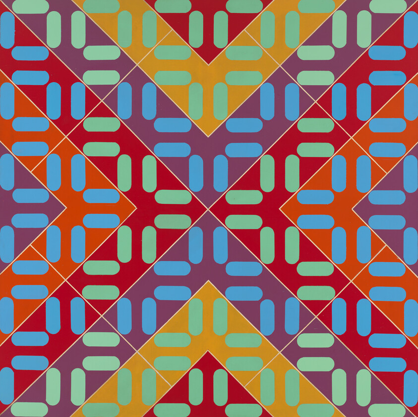 Colorful geometric pattern with repeating rounded rectangles forming intersecting chevrons in bright colors.