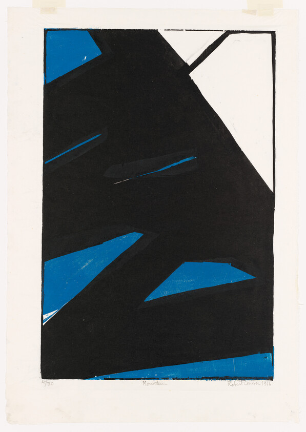 Large black geometric shape with blue angular cutouts and a white triangular corner on off-white paper.